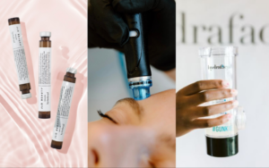 Collage of Hydrafacial machibe, booster add-ons, and the Gunk jar at Infinite Medical Spa in London, Ontario