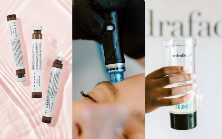 Collage of Hydrafacial machibe, booster add-ons, and the Gunk jar at Infinite Medical Spa in London, Ontario