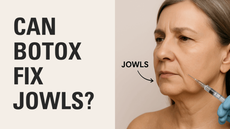 A middle-aged woman receiving a Botox® injection along her jawline to treat sagging jowls, performed by a medical professional wearing blue gloves.