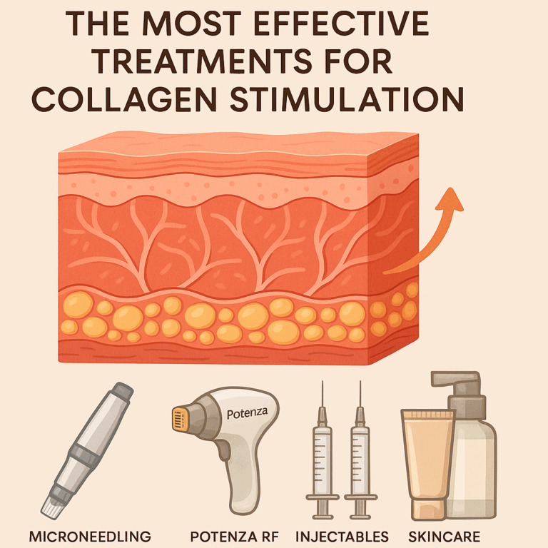 Illustration showing collagen stimulation in the skin with tools representing microneedling, Potenza RF microneedling device, injectable syringes, and skincare products, highlighting effective collagen-boosting treatments.