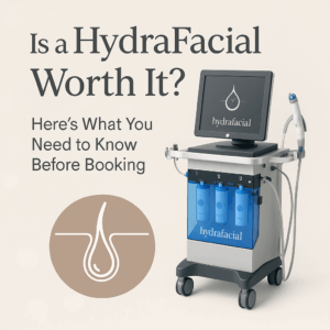 HydraFacial machine beside text reading “Is a HydraFacial Worth It? Here’s What You Need to Know Before Booking,” featuring a clean, professional aesthetic on a beige background — ideal for promoting HydraFacial treatments in London, Ontario.
