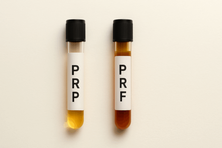Two labeled test tubes showing the visual difference between PRP (Platelet-Rich Plasma) and PRF (Platelet-Rich Fibrin) on a clean beige background, illustrating their distinct golden and amber tones.