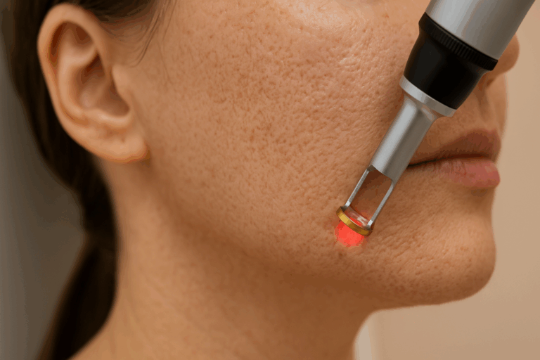 Patient with acne scar on cheek getting CO2 laser resurfacing in London, Ontario