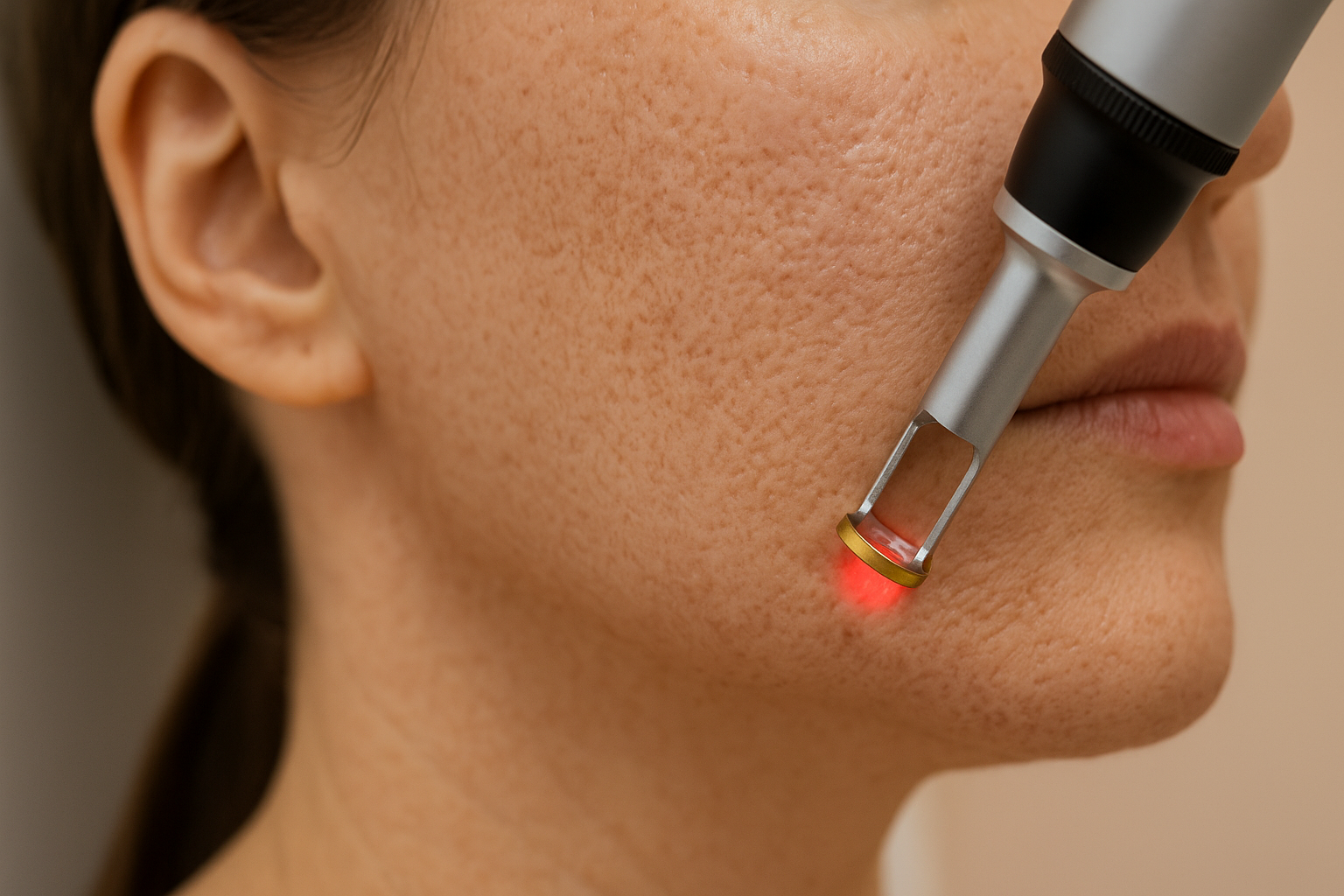 Patient with acne scar on cheek getting CO2 laser resurfacing in London, Ontario