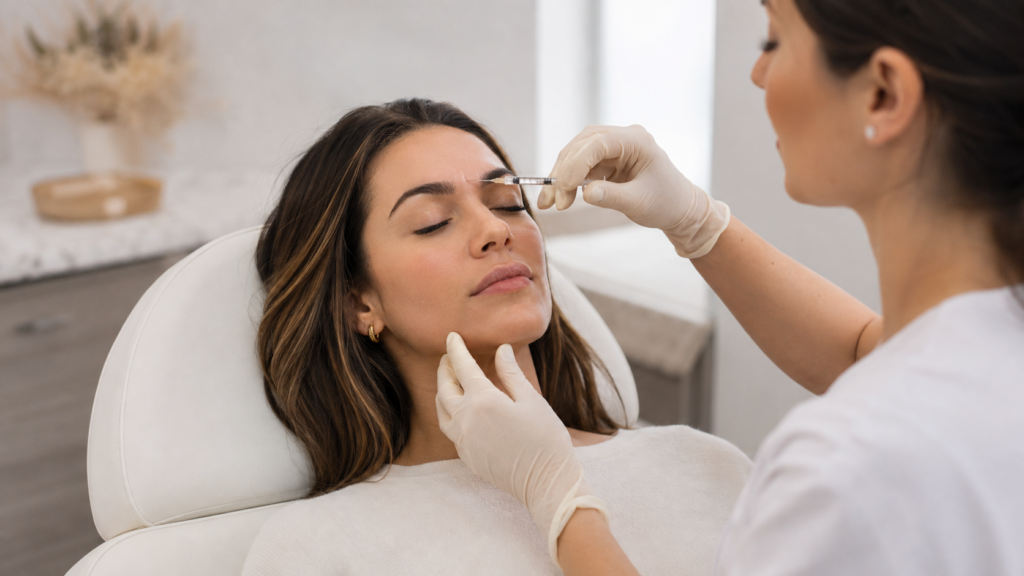 Woman in her late twenties receiving preventative Botox between the brows from a gloved medical injector in London, Ontario.
