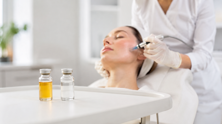 Vampire facial with PRP beside PDRN serum during microneedling at a London, Ontario med spa
