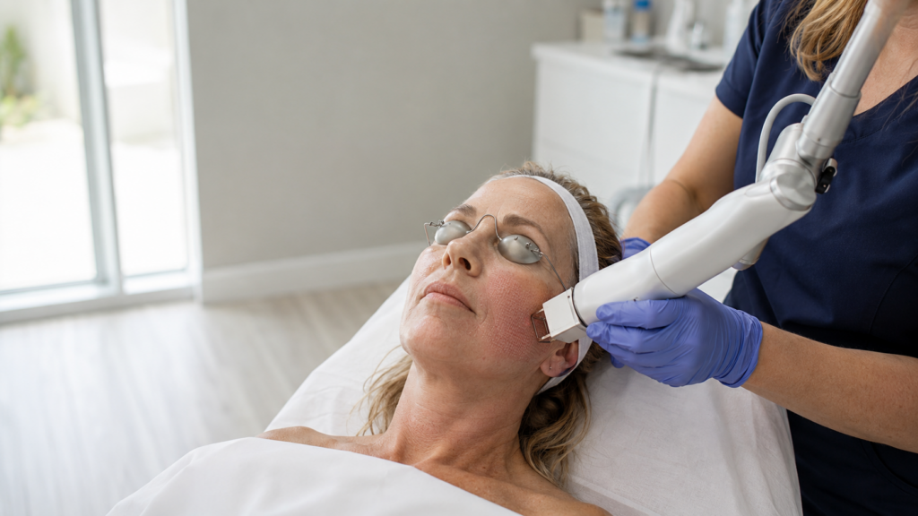CO2 laser treatment being performed on a client's cheek at Infinite Medical Spa in London, Ontario