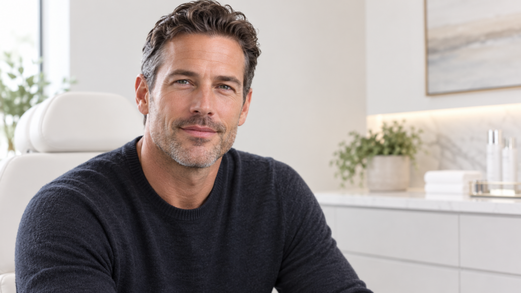 Well-groomed man in his forties with a natural, refreshed, un-frozen look after Botox for men in London, Ontario.