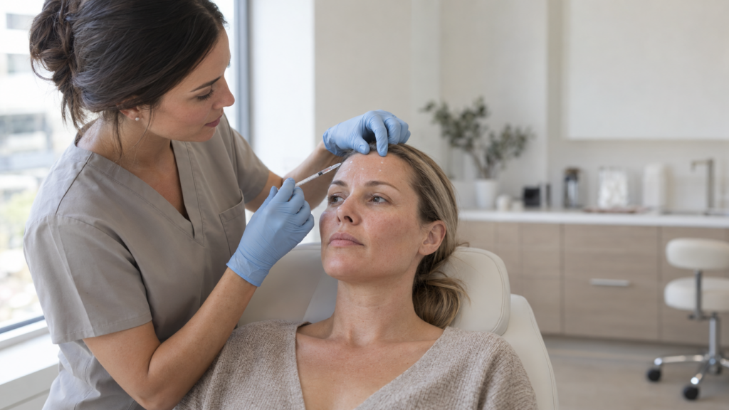 Nurse injector reviewing facial anatomy with a patient before Botox treatment in London, Ontario