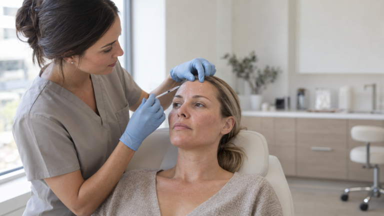 Nurse injector reviewing facial anatomy with a patient before Botox treatment in London, Ontario