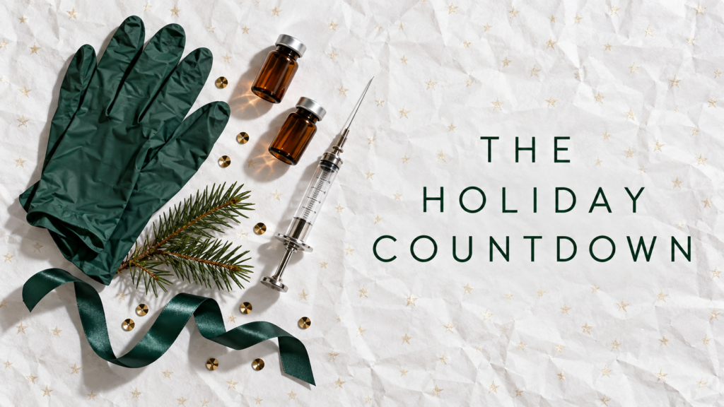 "The Holiday Countdown" beside a syringe, gloves and vials on white holiday paper, Botox timing in London, Ontario