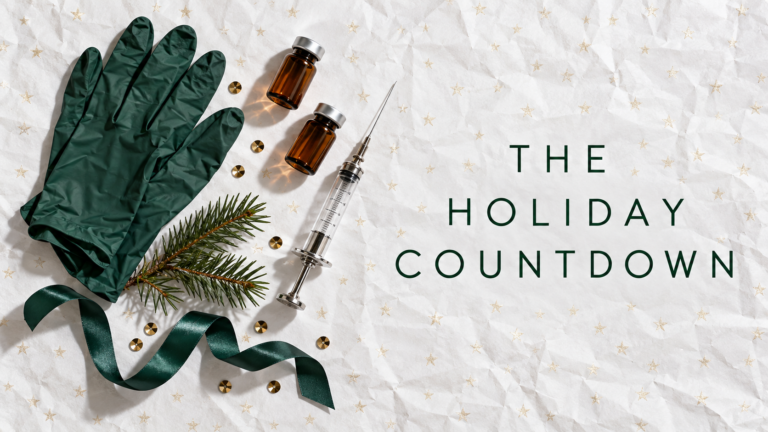 "The Holiday Countdown" beside a syringe, gloves and vials on white holiday paper, Botox timing in London, Ontario