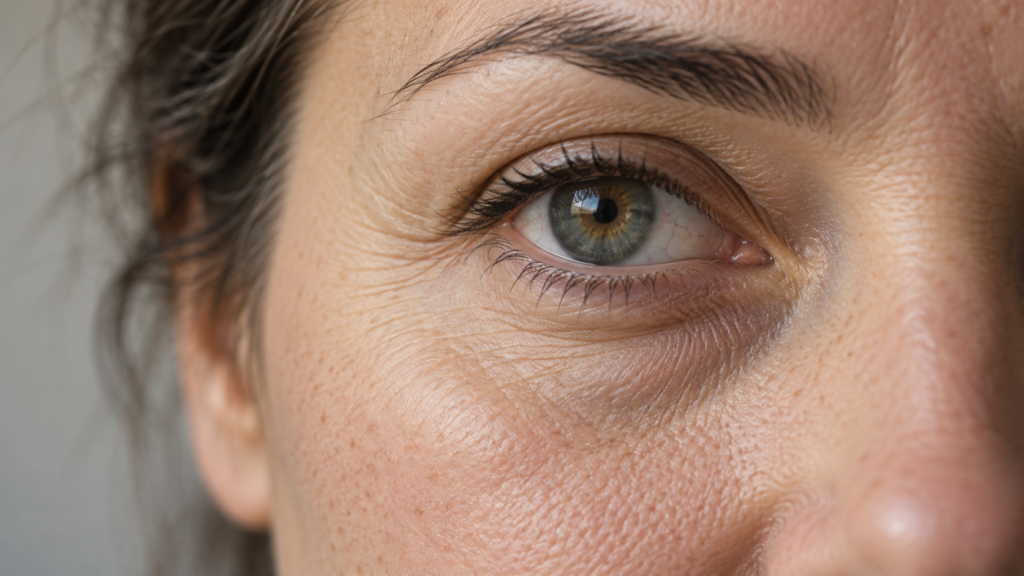 Close-up of the under-eye area showing shadowing and fine texture, under-eye hollows and dark circles in London, Ontario