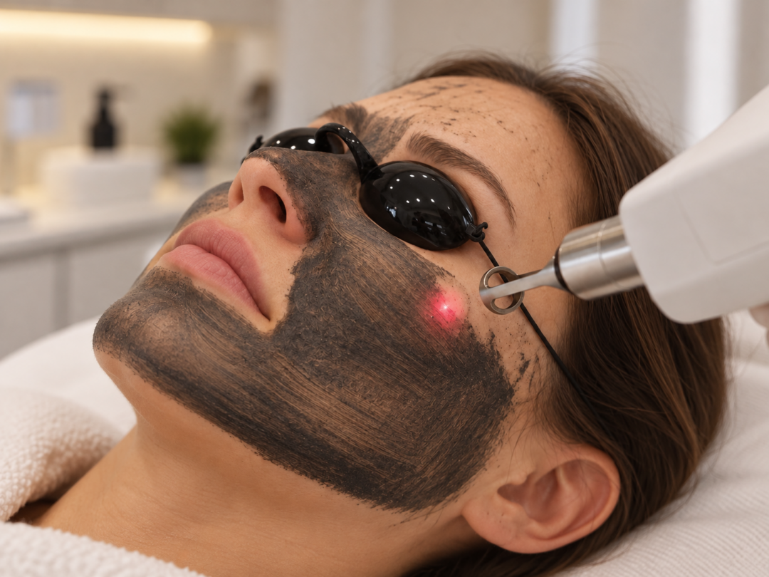 Carbon facial laser treatment in progress — medical-grade carbon solution applied to the skin with laser handpiece actively treating the cheek at Infinite Medical Spa London Ontario