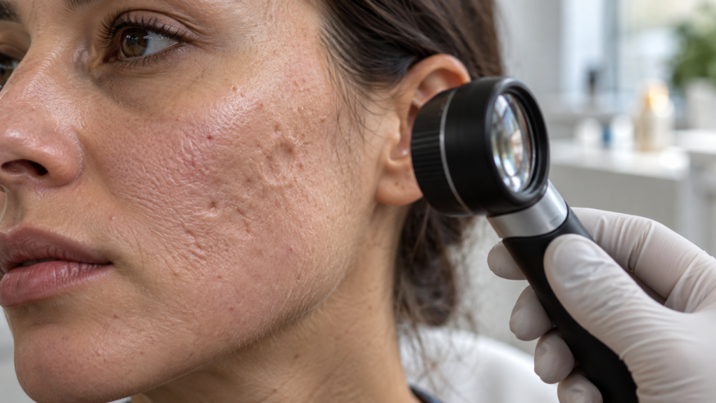 Close-up of a cheek showing ice pick, boxcar and rolling acne scars in side light, acne scar treatment in London, Ontario