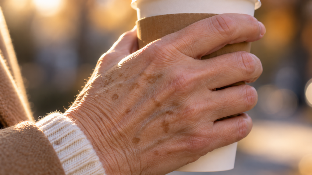 Brown age spots on the back of a hand holding a coffee on a fall morning, age spot removal in London, Ontario