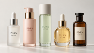 Five unbranded PDRN serum bottles in frosted glass, blush pink, pale green, amber and dark brown lined up on a white surface, illustrating the retail PDRN serums reviewed for London, Ontario