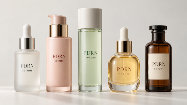 Five unbranded PDRN serum bottles in frosted glass, blush pink, pale green, amber and dark brown lined up on a white surface, illustrating the retail PDRN serums reviewed for London, Ontario