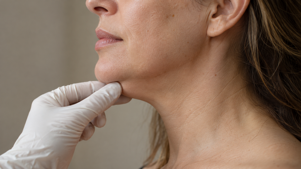 Provider assessing fullness under the chin in profile before double chin removal in London, Ontario