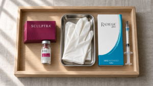 Sculptra PLLA vial and Radiesse CaHA syringe side by side, Sculptra vs Radiesse in London, Ontario